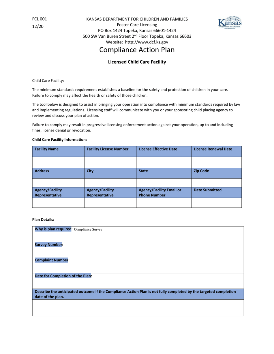 Compliance Action Example Form FCL001 - Fill Out, Sign Online and Download Fillable PDF, Kansas ...