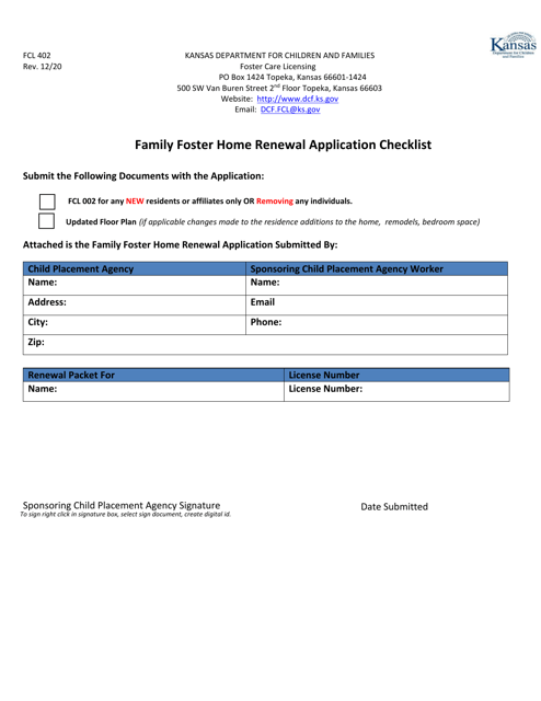 Form FCL402 Family Foster Home Renewal Application - Kansas