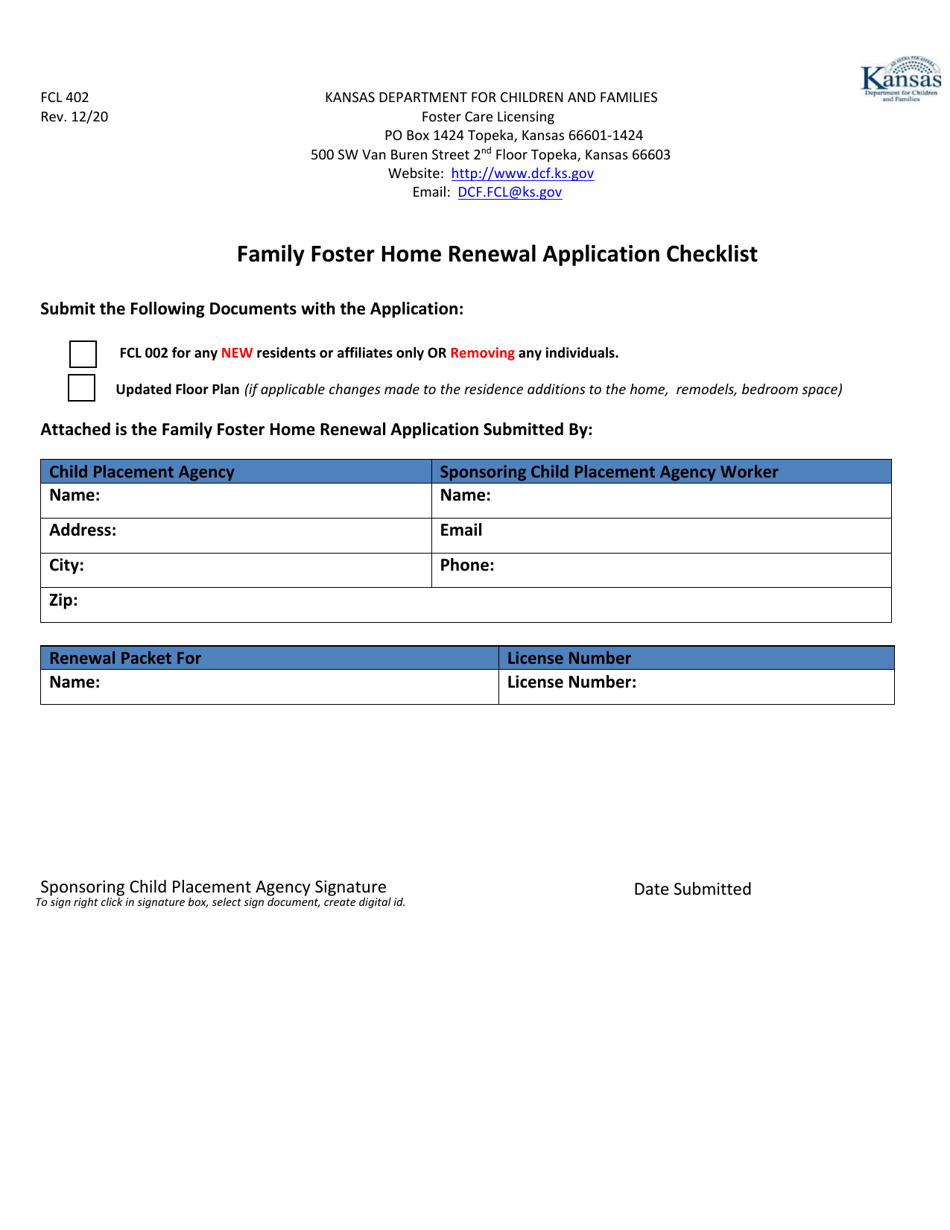 Form FCL402 Family Foster Home Renewal Application - Kansas, Page 1