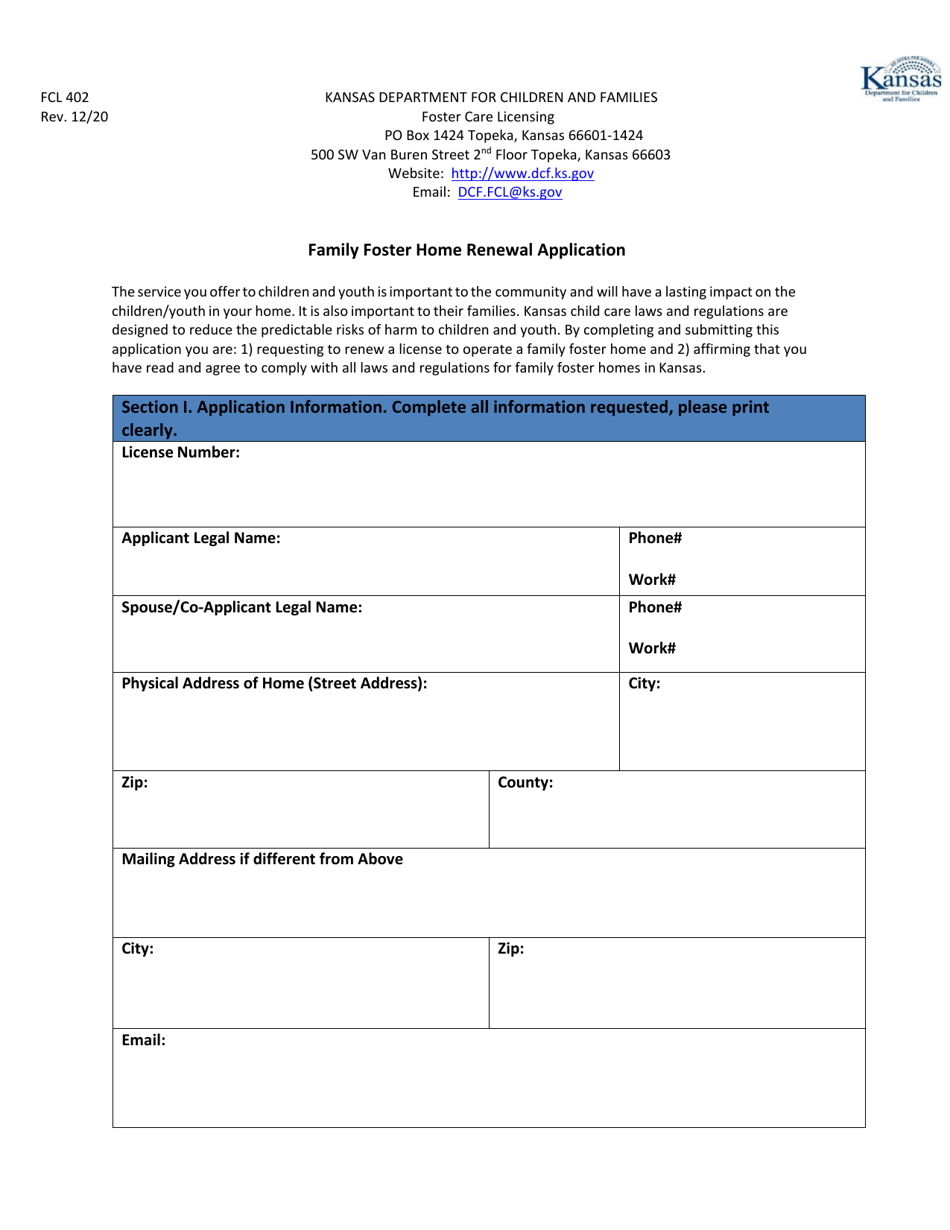 Form FCL402 Family Foster Home Renewal Application - Kansas, Page 2