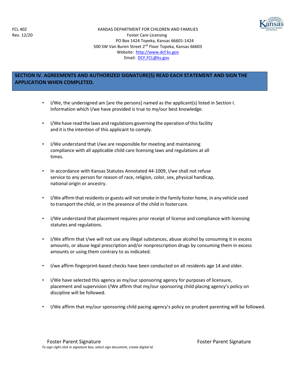 Form FCL402 Family Foster Home Renewal Application - Kansas, Page 4