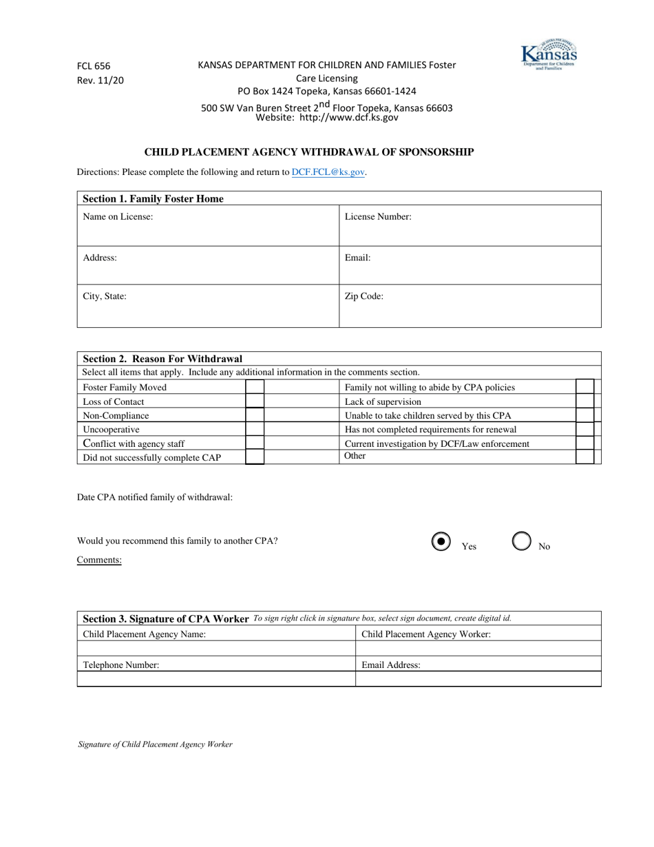 Form FCL656 Child Placement Agency Withdrawal of Sponsorship - Kansas, Page 1