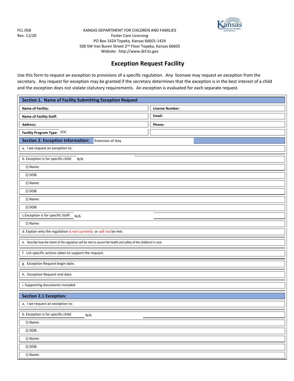 Form FCL058 Exception Request Facility - Kansas, Page 1