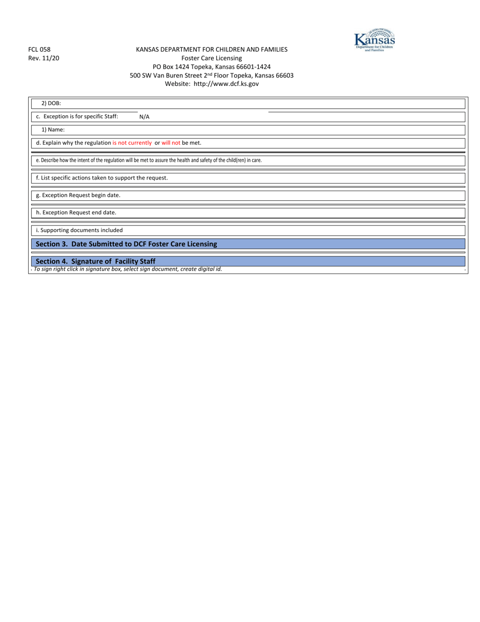 Form FCL058 Exception Request Facility - Kansas, Page 2