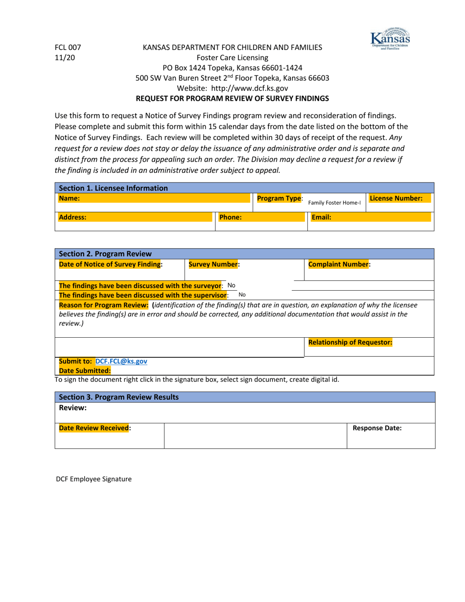 Form FCL007 Request for Program Review of Survey Findings - Kansas, Page 1