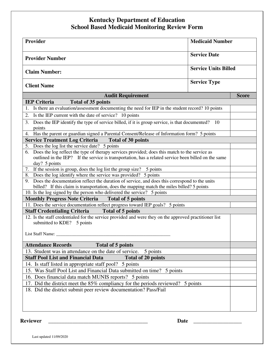 School Based Medicaid Monitoring Review Form - Kentucky, Page 1