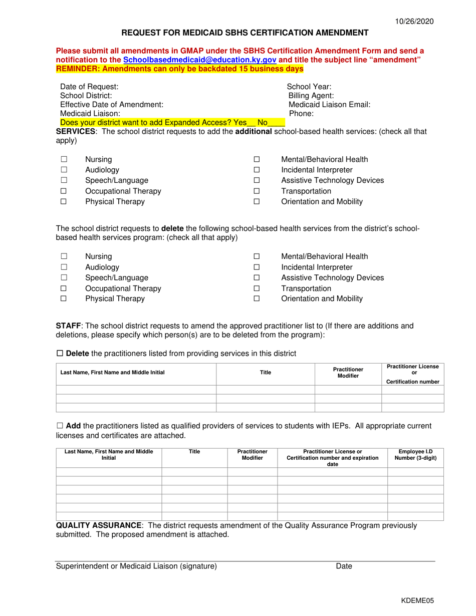 Form KDEME05 Request for Medicaid Sbhs Certification Amendment - Kentucky, Page 1