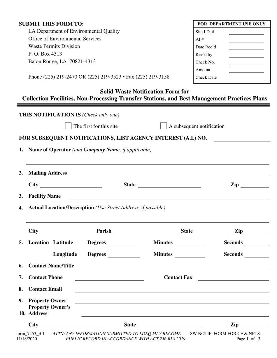 Form 7453 Solid Waste Notification Form for Collection Facilities, Non-processing Transfer Stations, and Best Management Practices Plans - Louisiana, Page 1