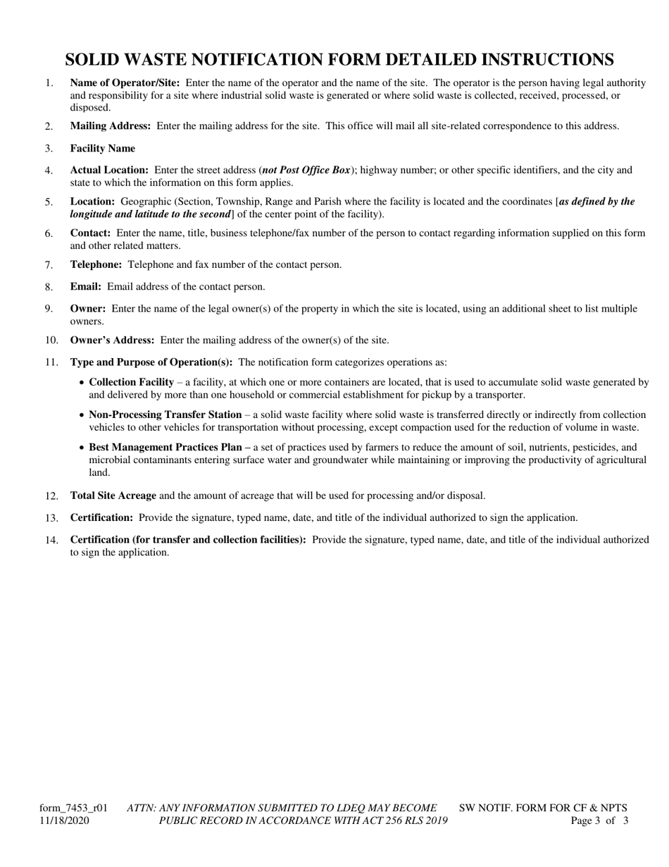 Form 7453 Solid Waste Notification Form for Collection Facilities, Non-processing Transfer Stations, and Best Management Practices Plans - Louisiana, Page 3