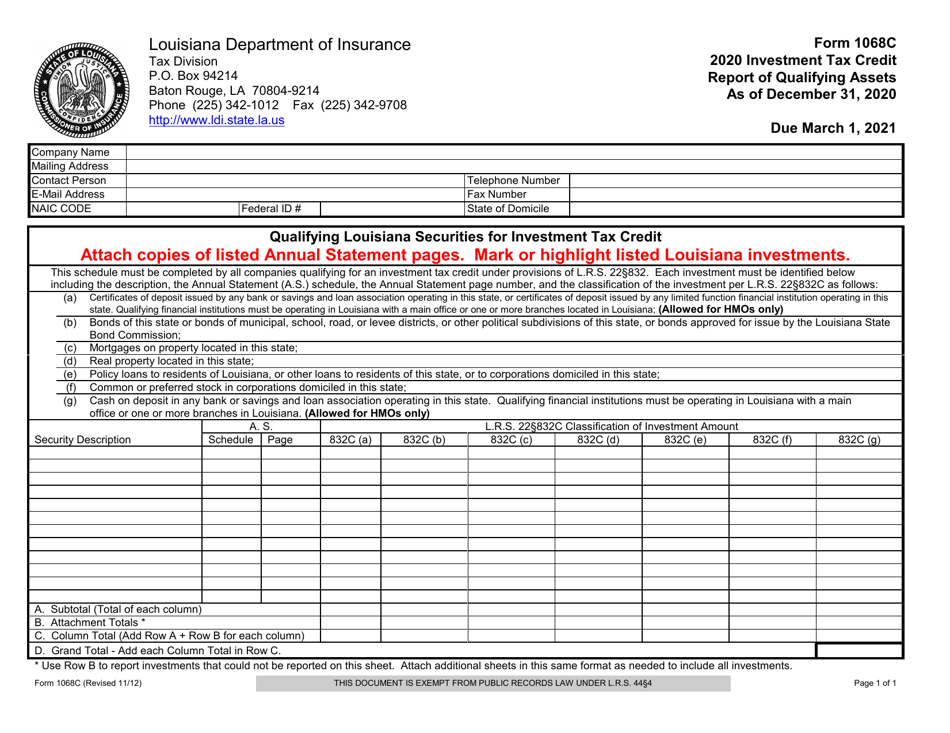 Form 1068C Investment Tax Credit Report of Qualifying Assets - Louisiana, Page 1