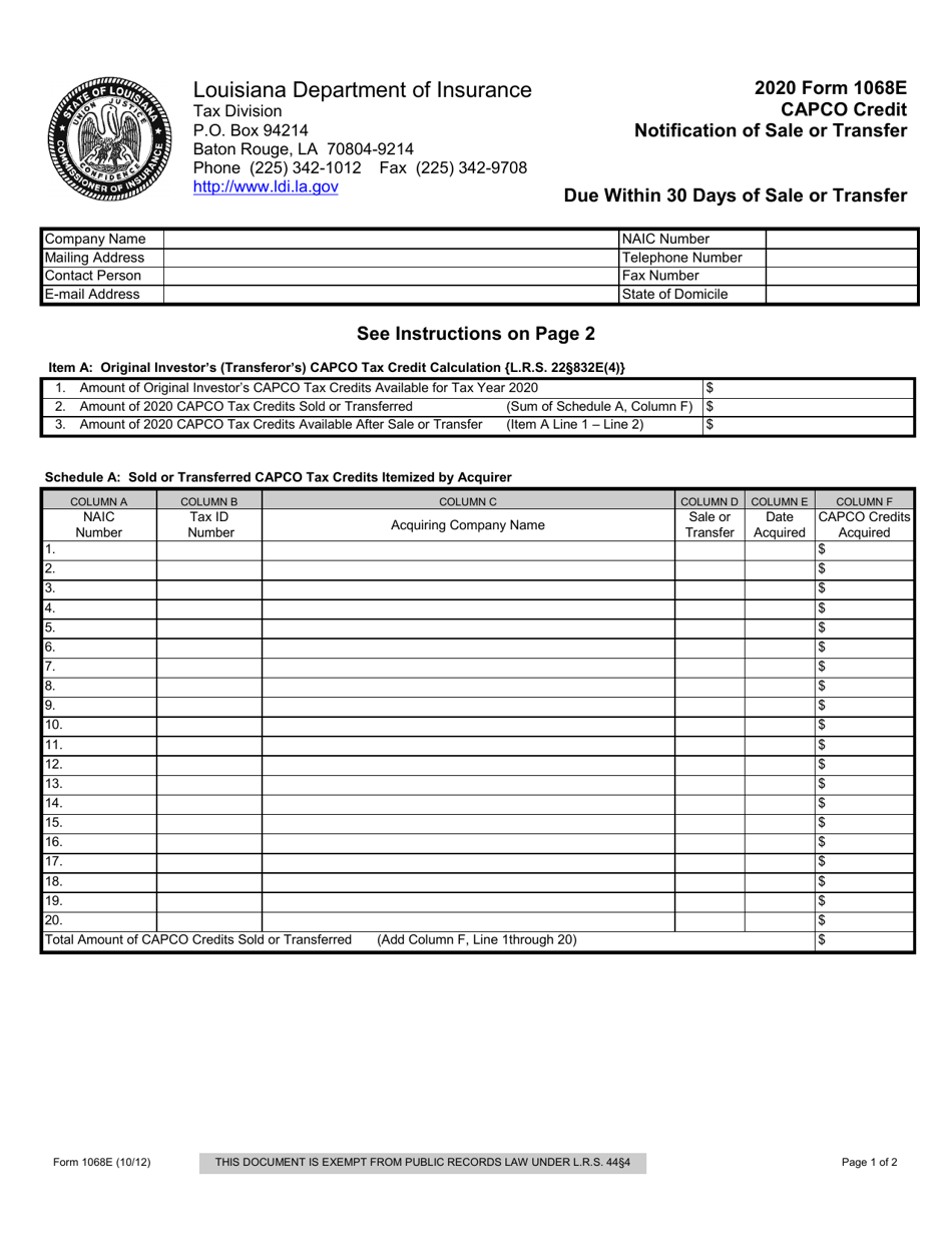 Form 1068E Capco Credit Notification of Sale or Transfer - Louisiana, Page 1