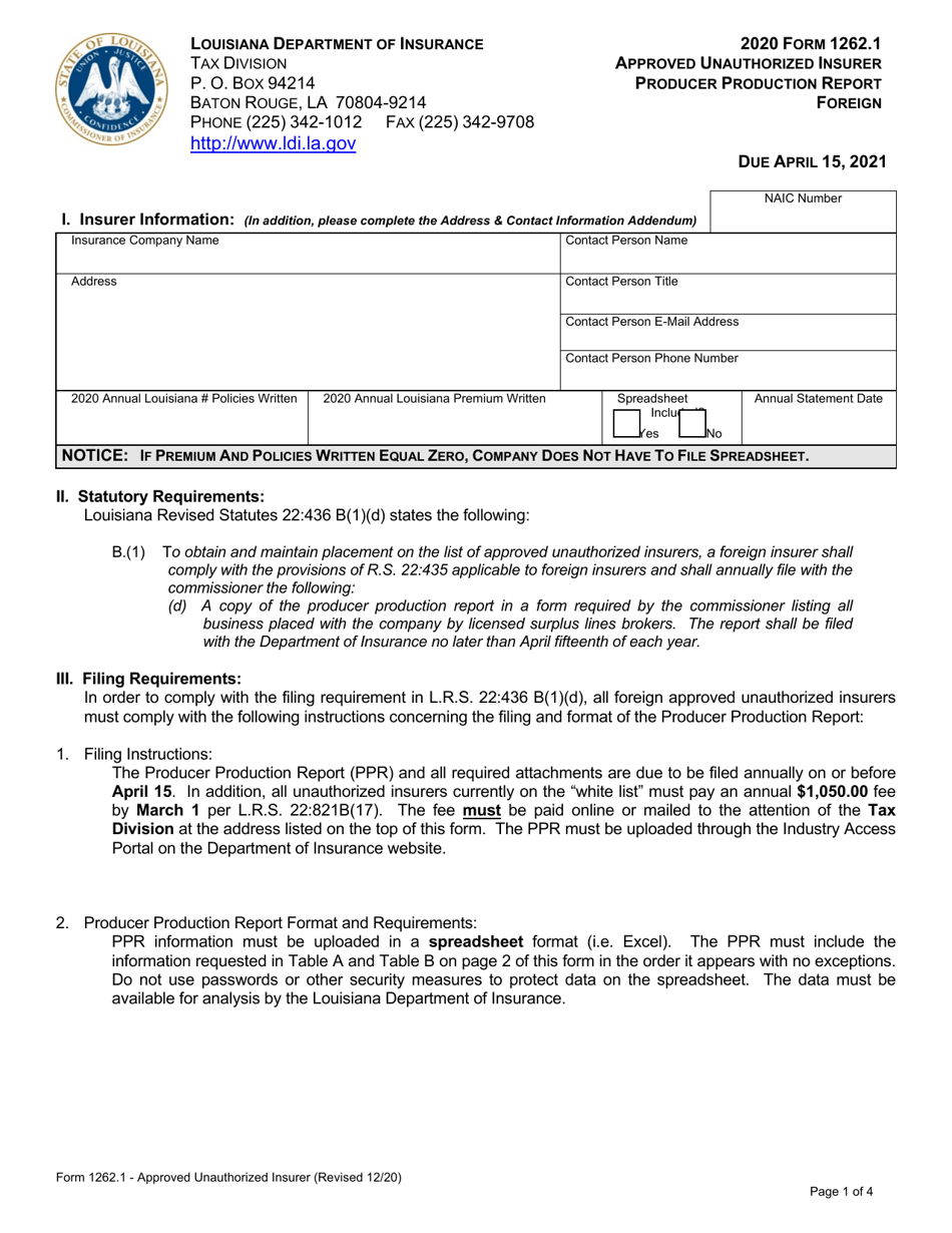 Form 1262.1 Approved Unauthorized Insurer Producer Production Report Foreign - Louisiana, Page 1