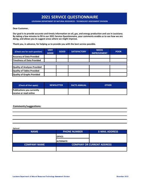 Service Questionnaire - Louisiana Download Pdf