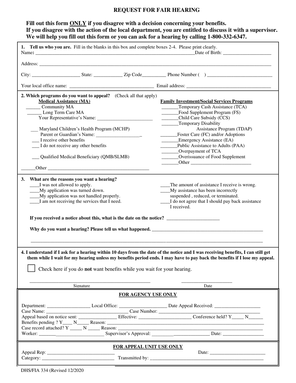 Form DHS / FIA334 Request for Fair Hearing - Maryland, Page 1