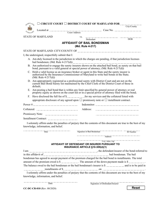 Form CC-DC-CR-010 Affidavit of Bail Bondsman - Maryland