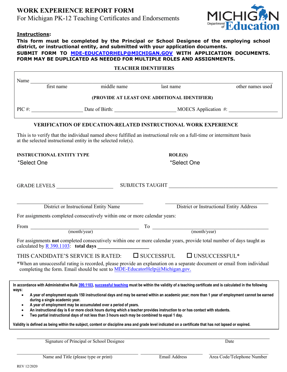 Work Experience Report Form for Michigan Pk-12 Teaching Certificates and Endorsements - Michigan, Page 1