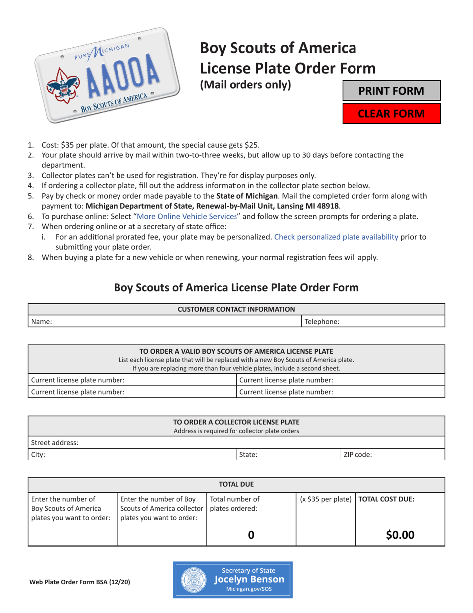 Boy Scouts of America License Plate Order Form - Michigan, Page 1