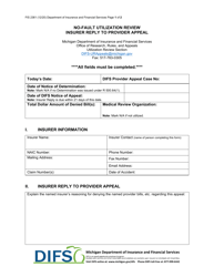 Form FIS2361 No-Fault Utilization Review Insurer Reply to Provider Appeal - Michigan
