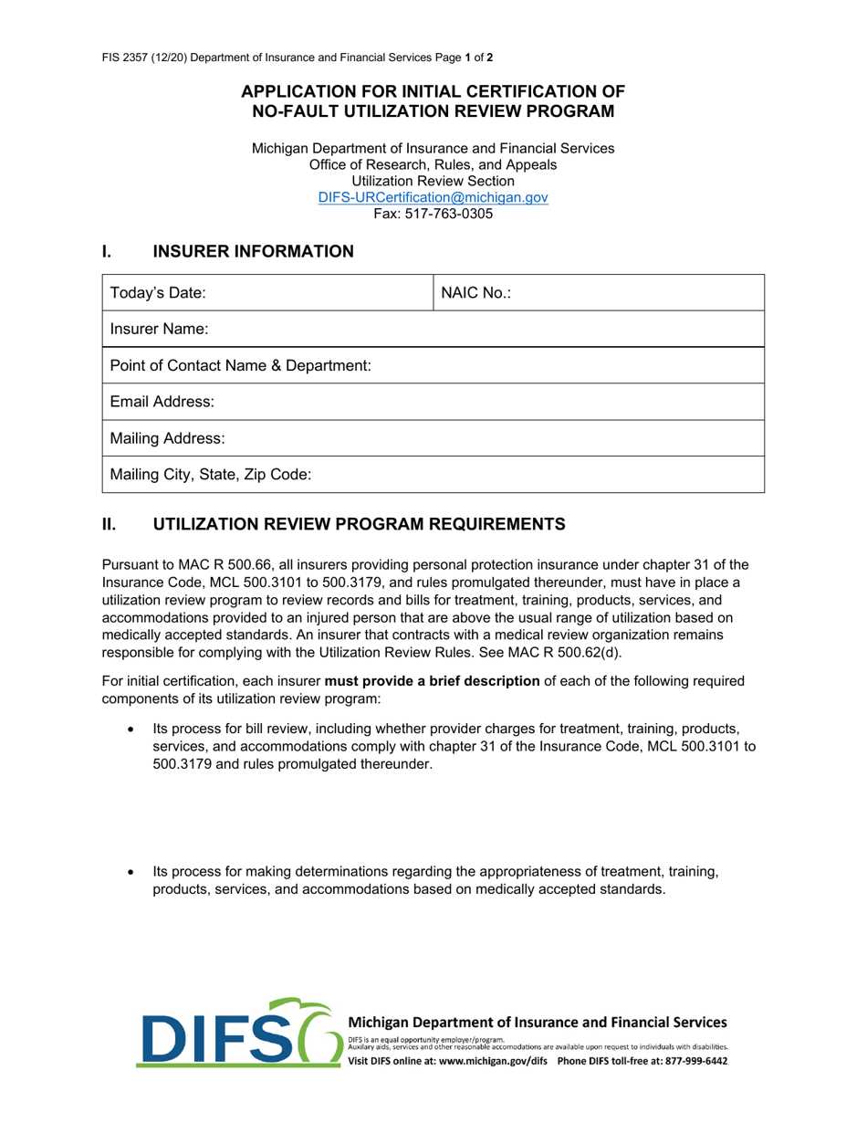 Form FIS2357 Application for Initial Certification of No-Fault Utilization Review Program - Michigan, Page 1