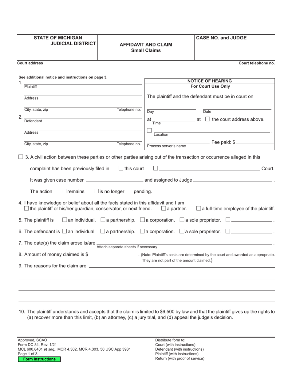 Form DC84 Affidavit and Claim, Small Claims - Michigan, Page 1