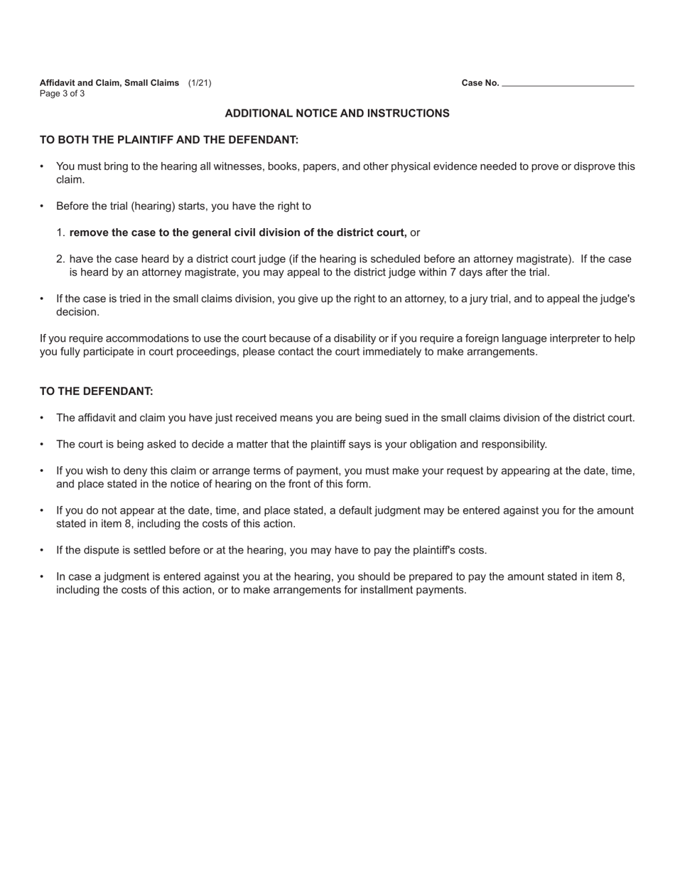 Form DC84 Affidavit and Claim, Small Claims - Michigan, Page 3