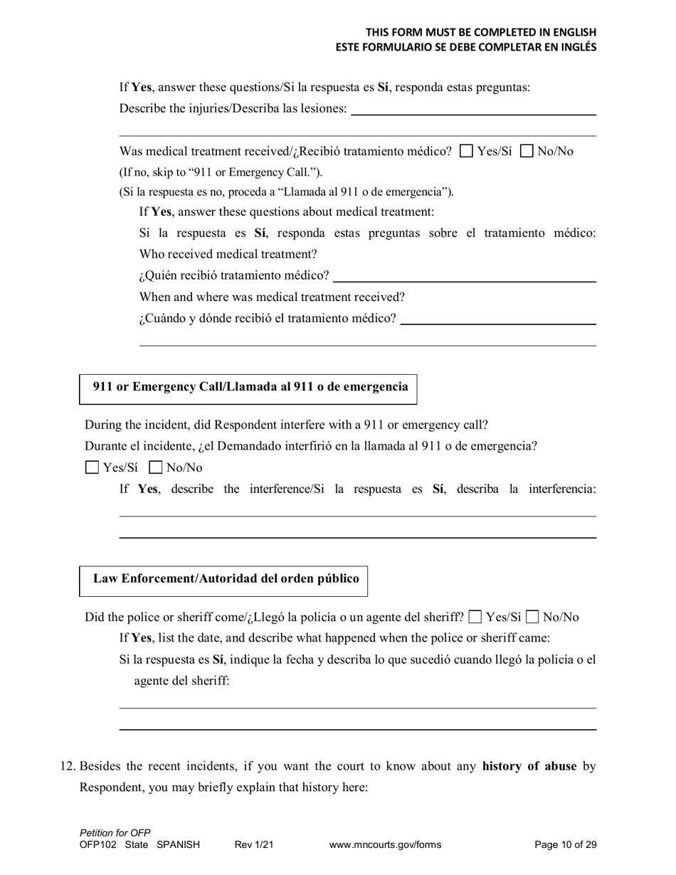 Form OFP102 Petition for Order for Protection (Ofp) - Minnesota (English / Spanish), Page 10