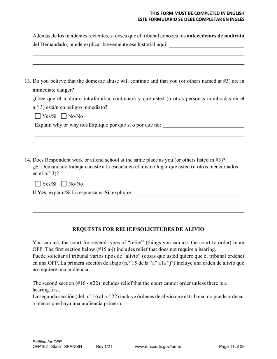 Form OFP102 Petition for Order for Protection (Ofp) - Minnesota (English / Spanish), Page 11