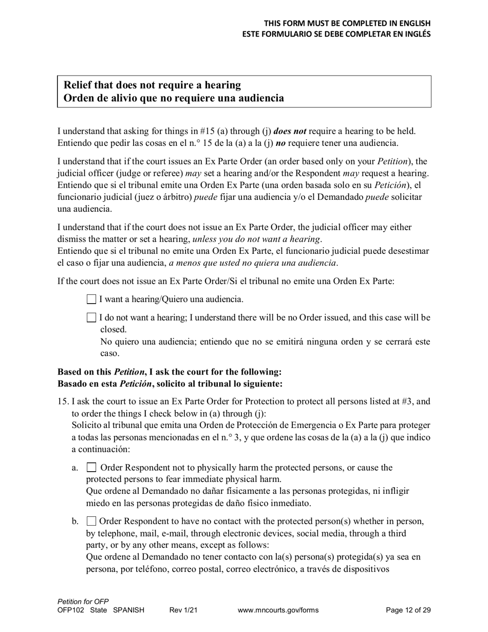 Form OFP102 Petition for Order for Protection (Ofp) - Minnesota (English / Spanish), Page 12