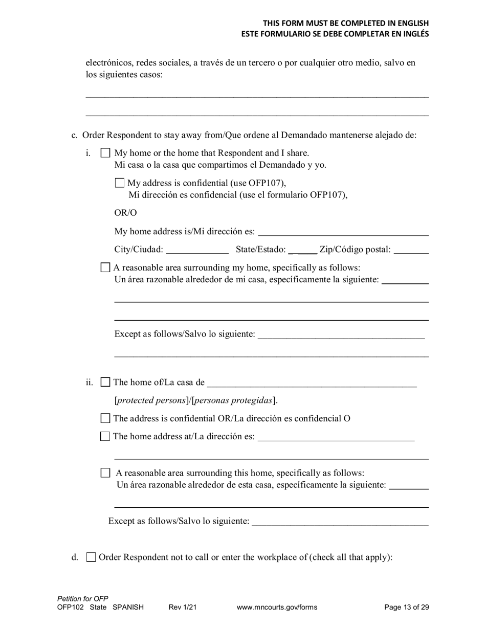 Form OFP102 Petition for Order for Protection (Ofp) - Minnesota (English / Spanish), Page 13