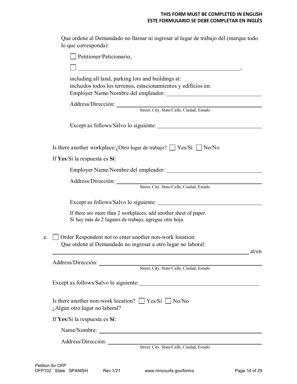 Form OFP102 Petition for Order for Protection (Ofp) - Minnesota (English / Spanish), Page 14
