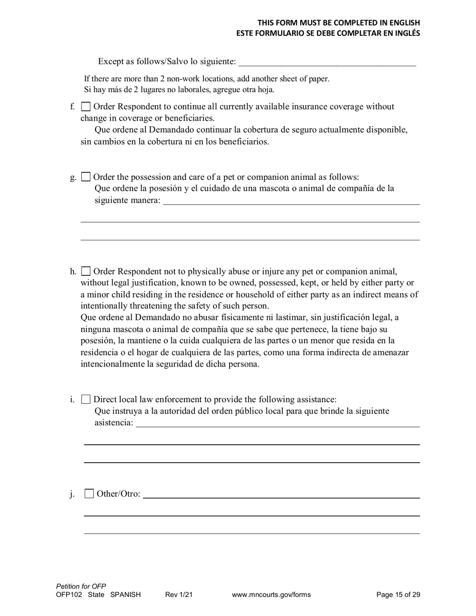 Form OFP102 Petition for Order for Protection (Ofp) - Minnesota (English / Spanish), Page 15