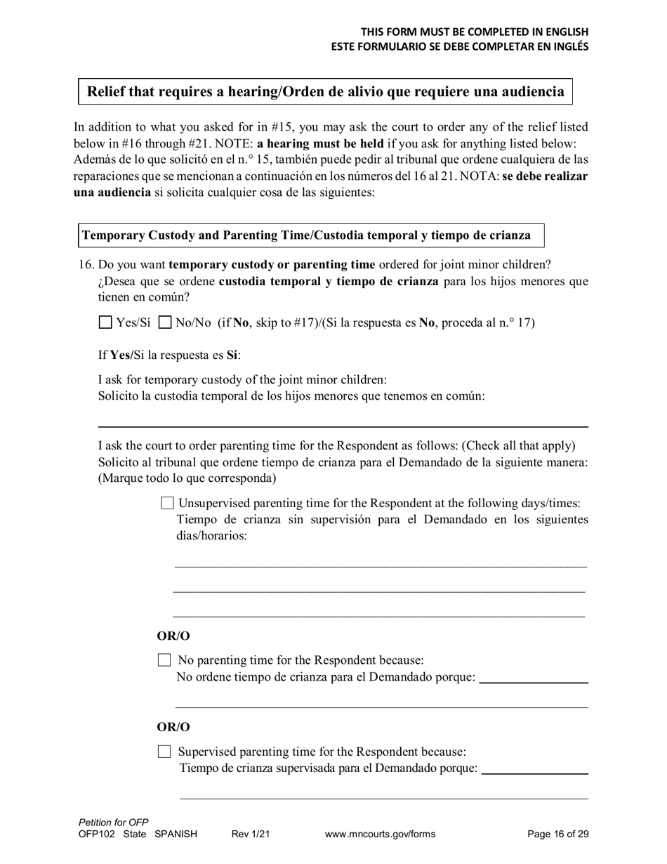 Form OFP102 Download Printable PDF or Fill Online Petition for Order for Protection (Ofp