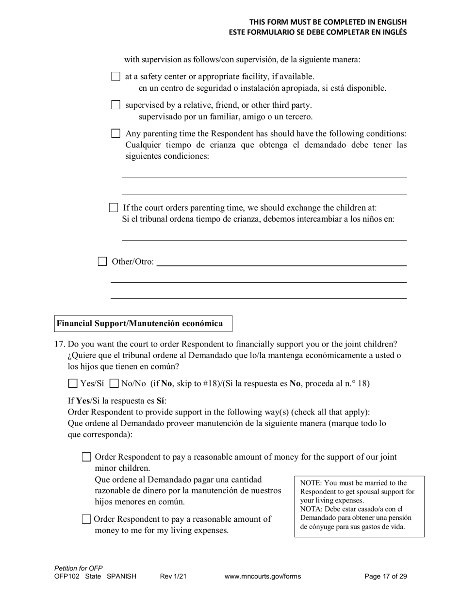 Form OFP102 Petition for Order for Protection (Ofp) - Minnesota (English / Spanish), Page 17