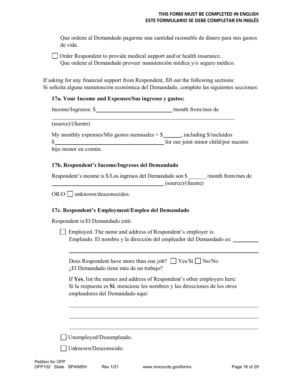 Form OFP102 Petition for Order for Protection (Ofp) - Minnesota (English / Spanish), Page 18