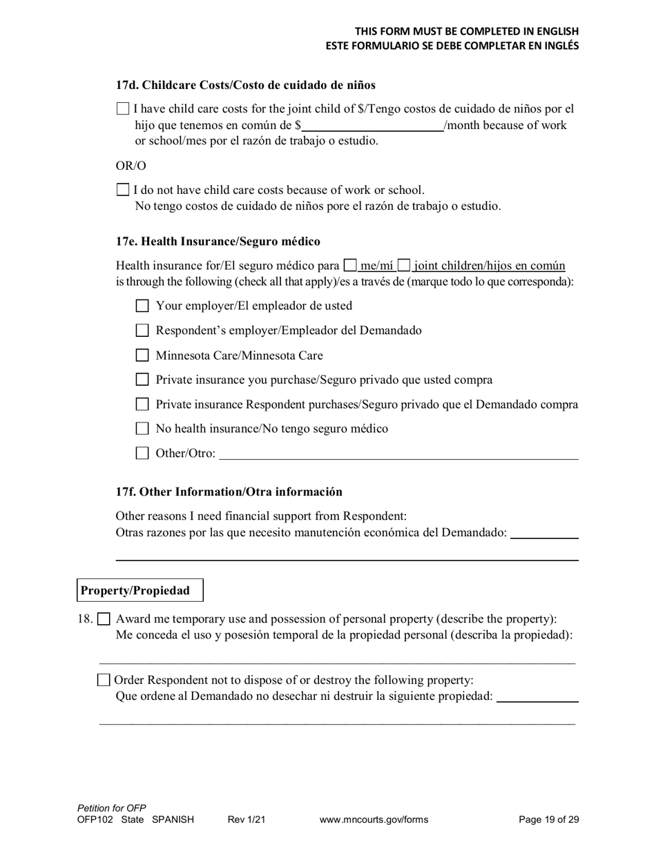 Form OFP102 Petition for Order for Protection (Ofp) - Minnesota (English / Spanish), Page 19