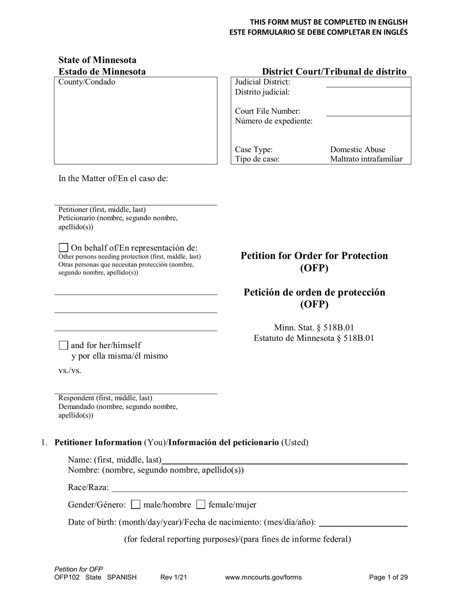 Form OFP102 Petition for Order for Protection (Ofp) - Minnesota (English/Spanish), Page 1