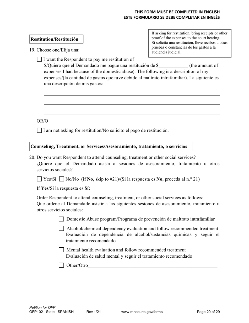 Form OFP102 Petition for Order for Protection (Ofp) - Minnesota (English / Spanish), Page 20