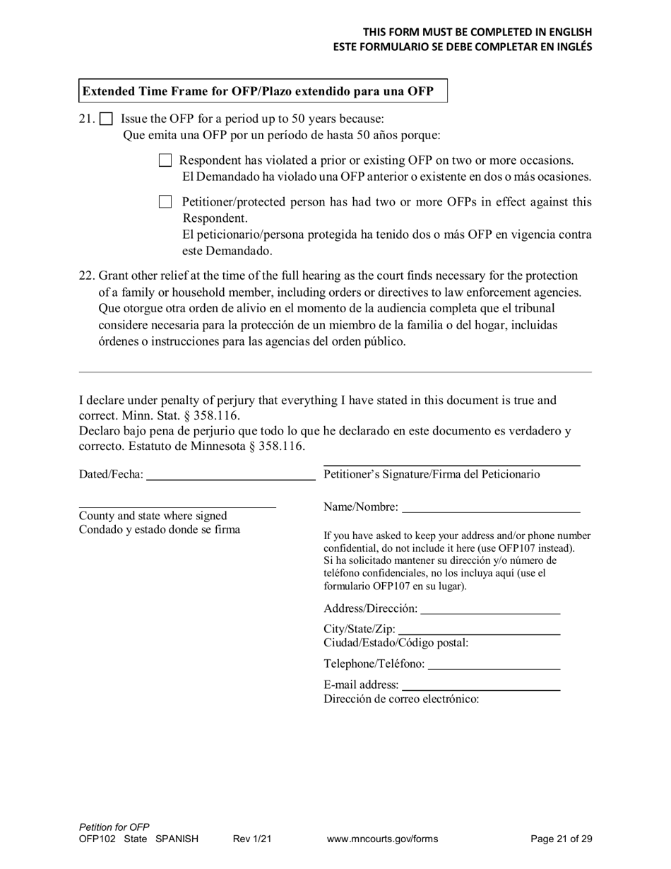 Form OFP102 Download Printable PDF or Fill Online Petition for Order for Protection (Ofp