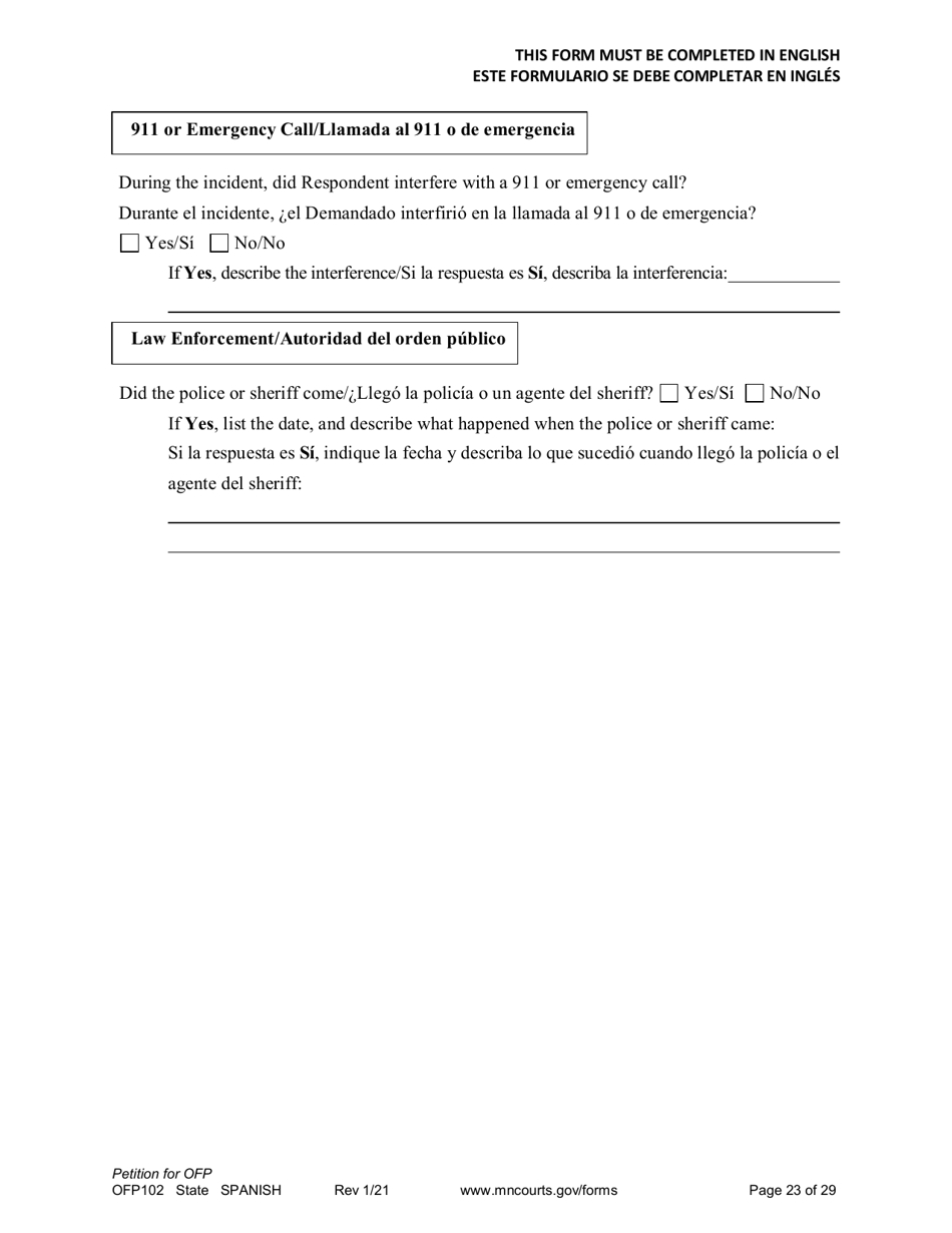 Form OFP102 Petition for Order for Protection (Ofp) - Minnesota (English / Spanish), Page 23