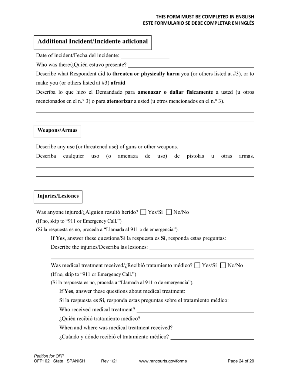 Form OFP102 Petition for Order for Protection (Ofp) - Minnesota (English / Spanish), Page 24