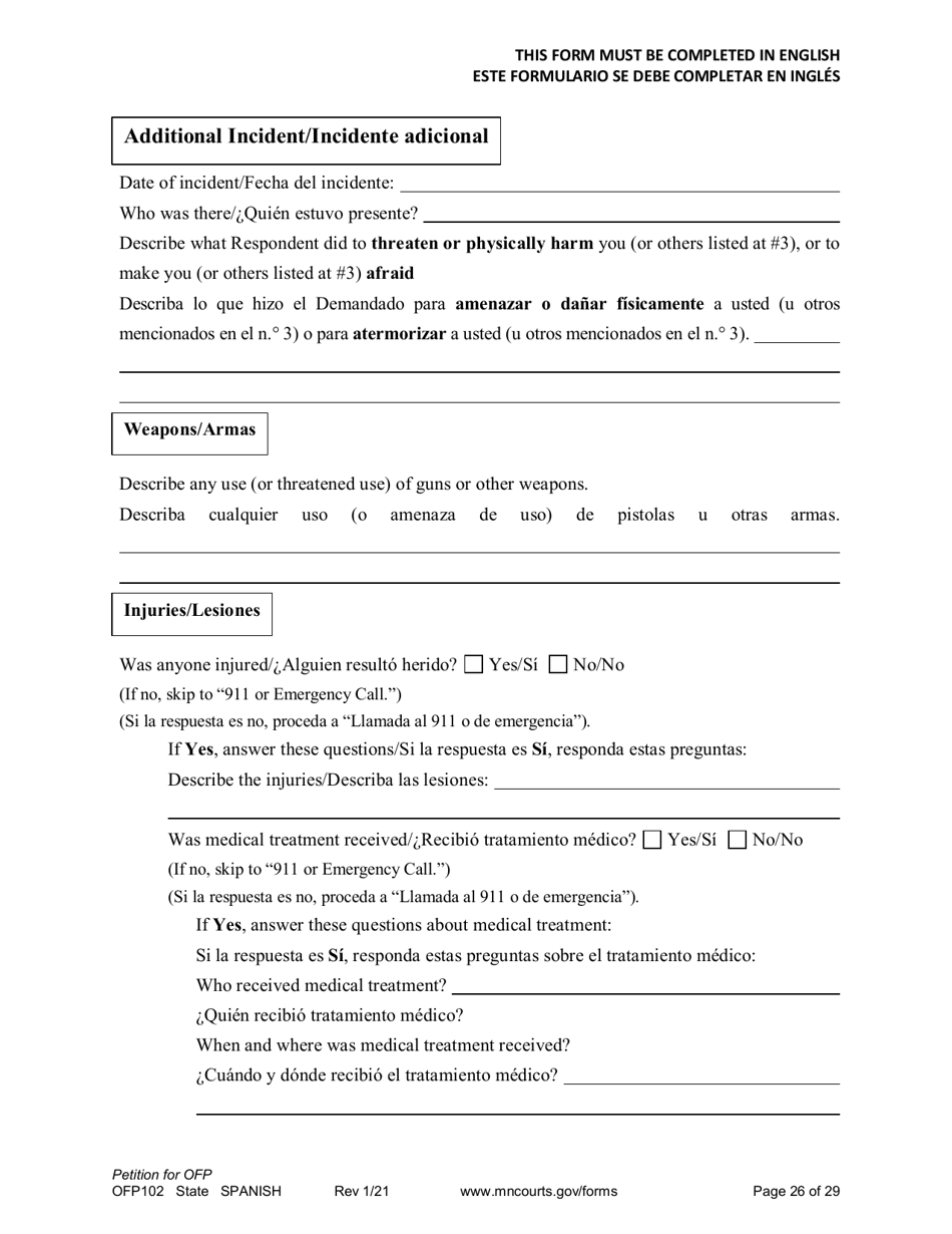 Form OFP102 Petition for Order for Protection (Ofp) - Minnesota (English / Spanish), Page 26