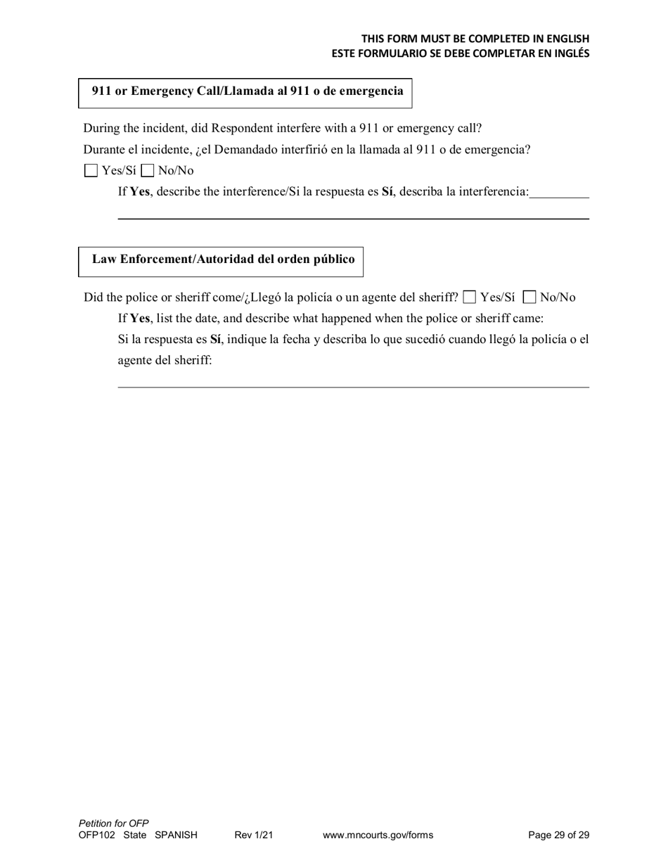 Form OFP102 Petition for Order for Protection (Ofp) - Minnesota (English / Spanish), Page 29