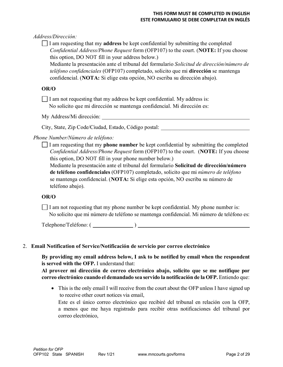 Form OFP102 Petition for Order for Protection (Ofp) - Minnesota (English / Spanish), Page 2