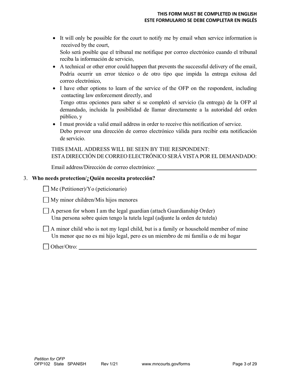 Form OFP102 Petition for Order for Protection (Ofp) - Minnesota (English / Spanish), Page 3