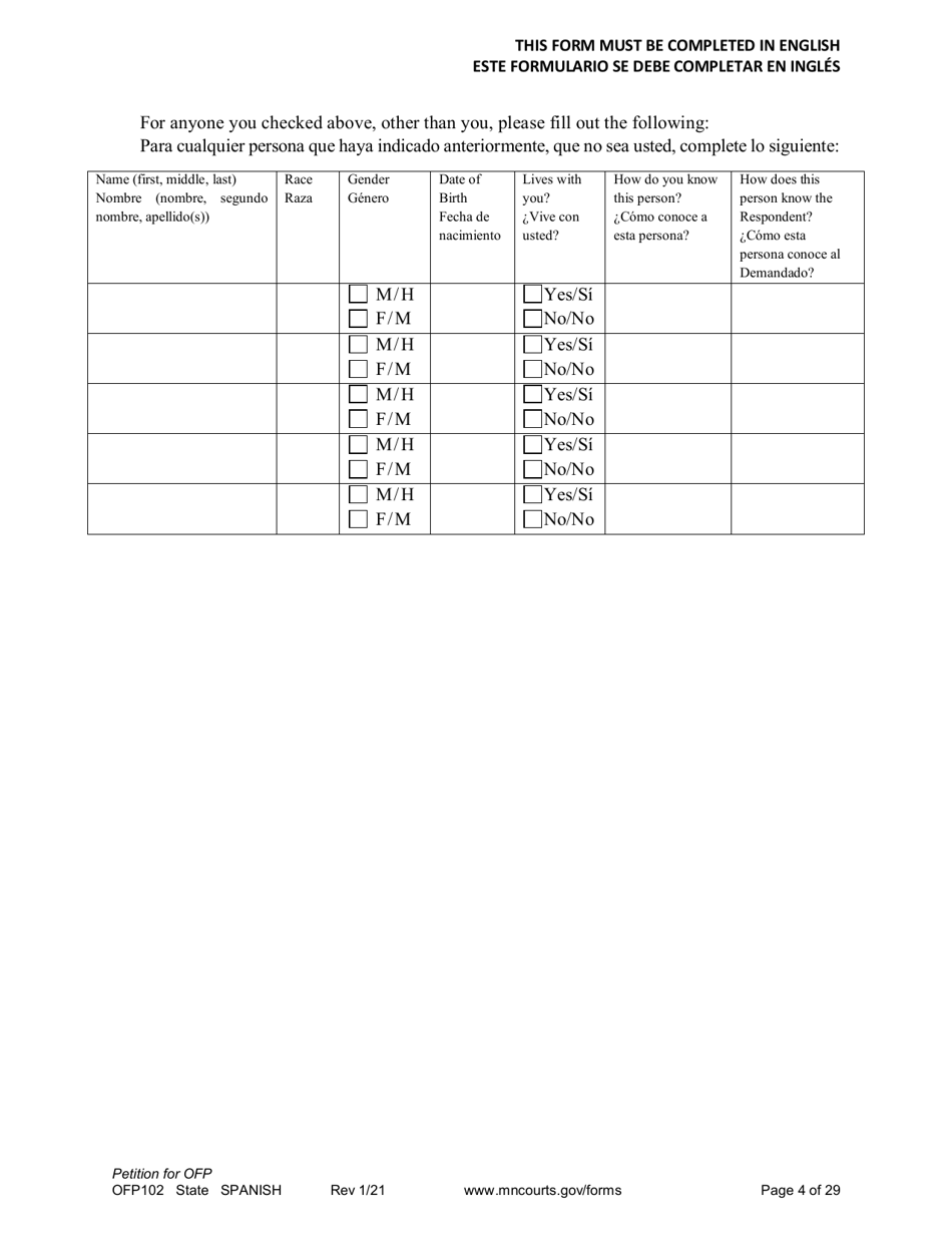 Form OFP102 Petition for Order for Protection (Ofp) - Minnesota (English / Spanish), Page 4