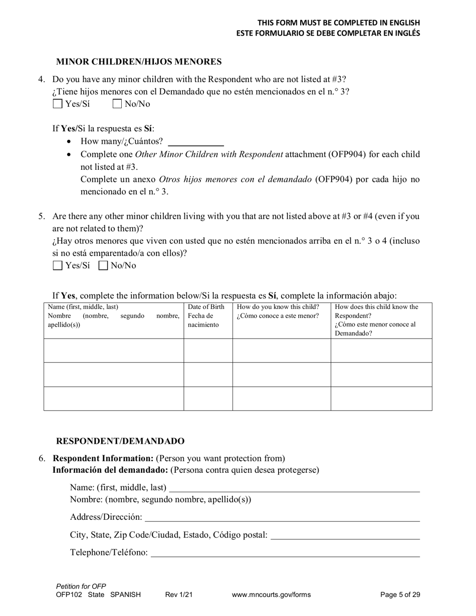 Form OFP102 Petition for Order for Protection (Ofp) - Minnesota (English / Spanish), Page 5
