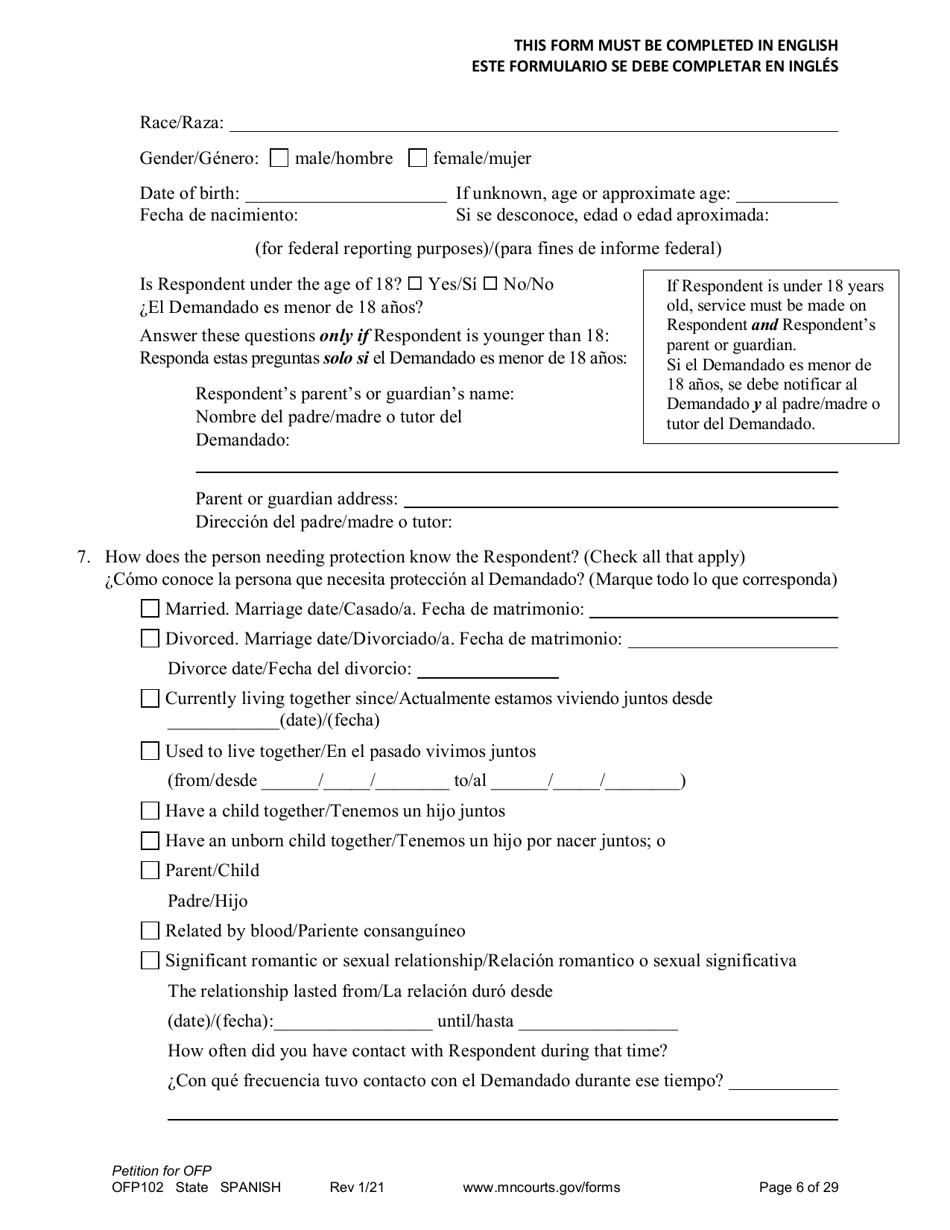 Form OFP102 Petition for Order for Protection (Ofp) - Minnesota (English / Spanish), Page 6