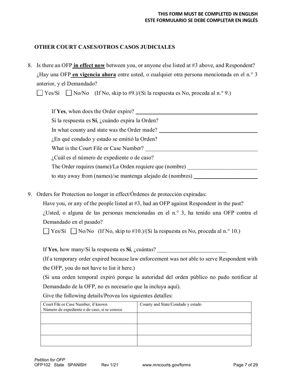 Form OFP102 Petition for Order for Protection (Ofp) - Minnesota (English / Spanish), Page 7