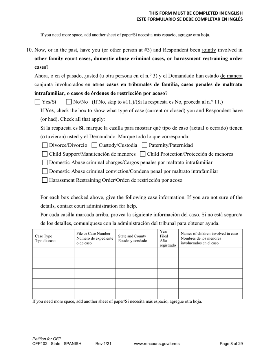 Form OFP102 Petition for Order for Protection (Ofp) - Minnesota (English / Spanish), Page 8