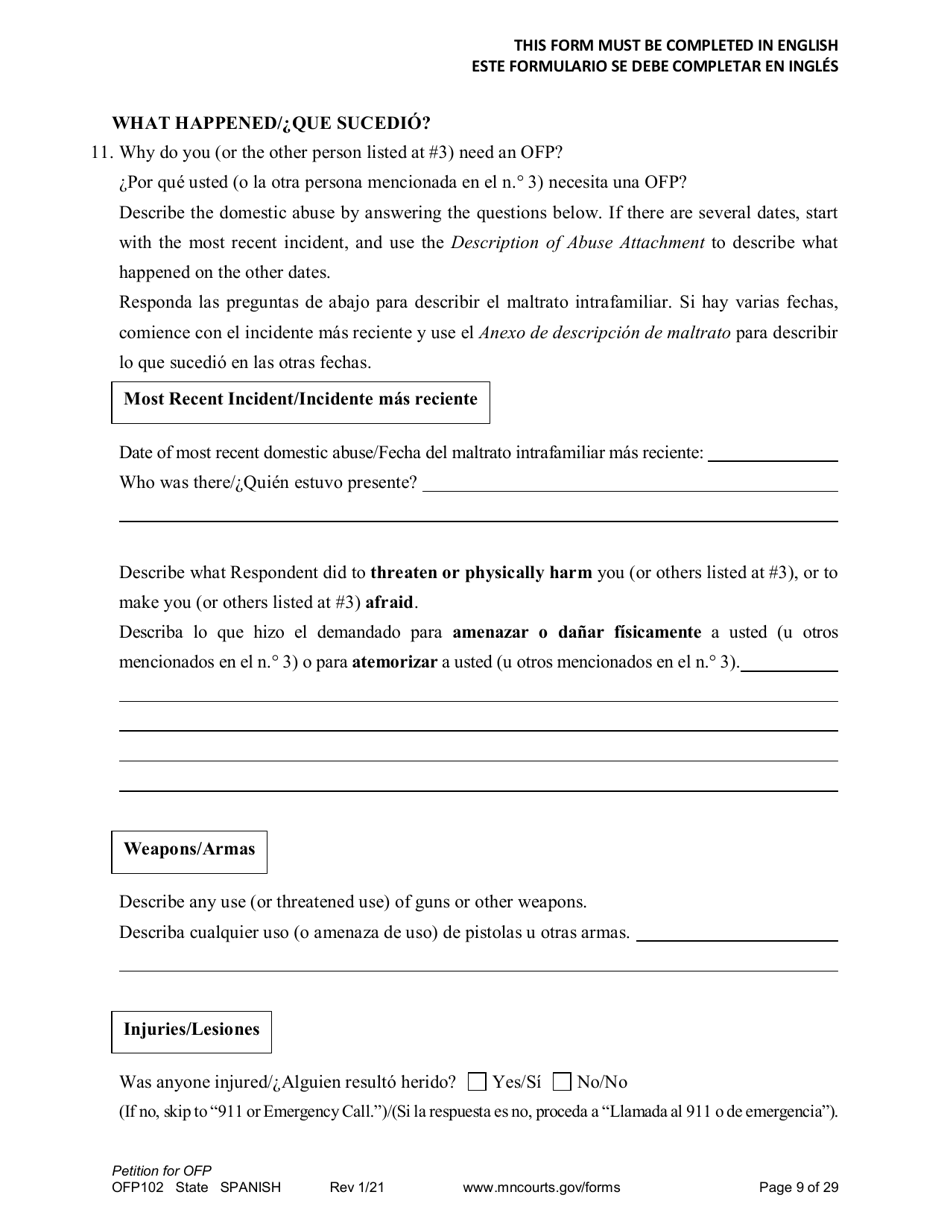 Form OFP102 Petition for Order for Protection (Ofp) - Minnesota (English / Spanish), Page 9